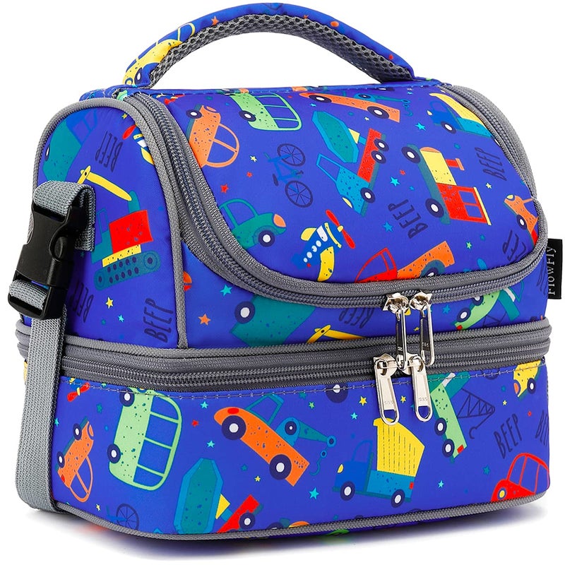 FlowFly Kids Double Decker Cooler Insulated Lunch Bag Large Tote for Boys, Girls, Men, Women, With Adjustable Strap, Car - Image 1